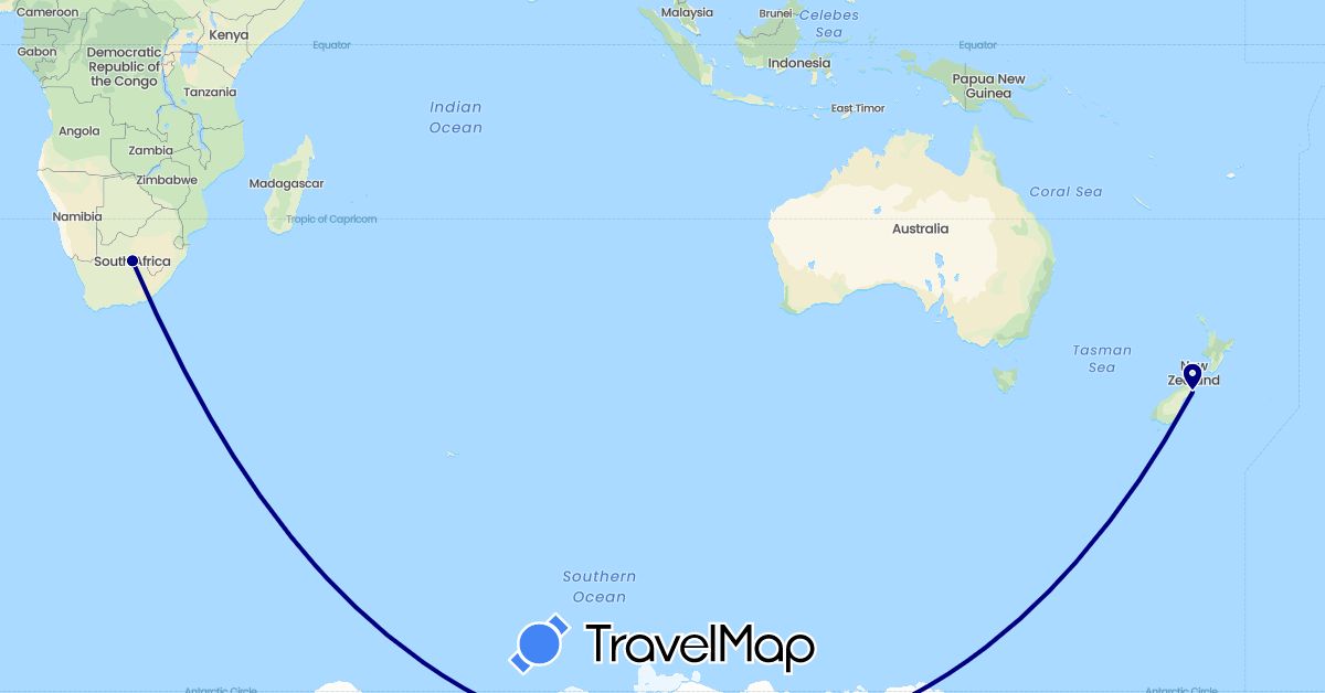 TravelMap itinerary: driving in New Zealand, South Africa (Africa, Oceania)